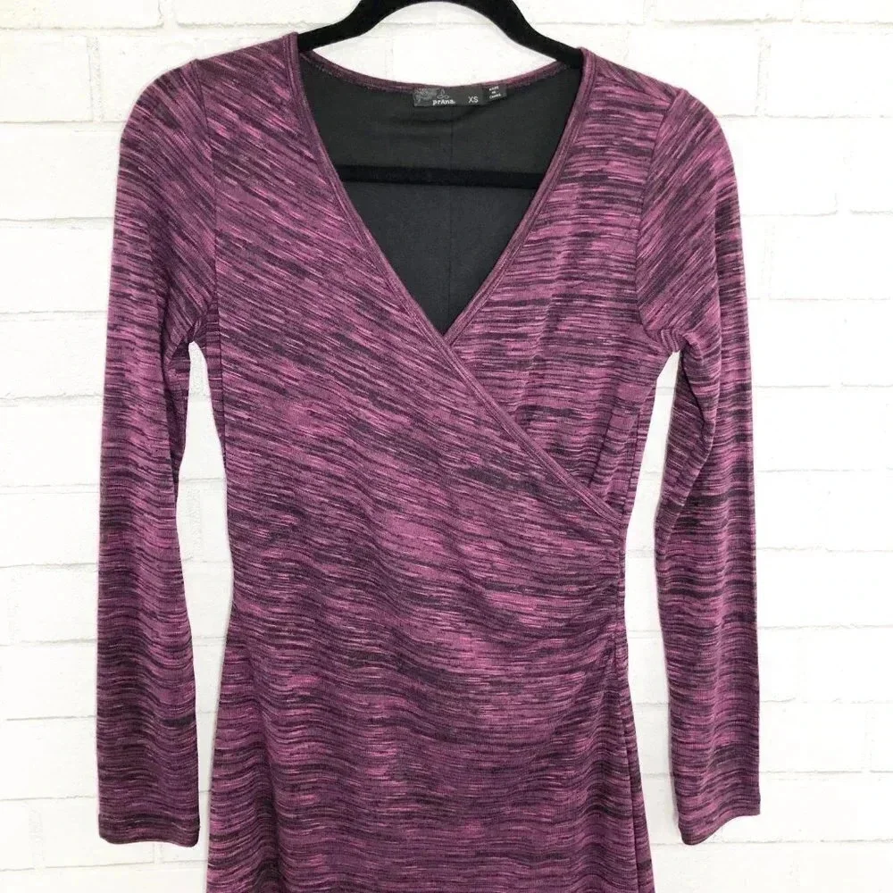 Prana Nadia V Neck Long Sleeve Faux Wrap Dress Purplish Black Space Dye, XS